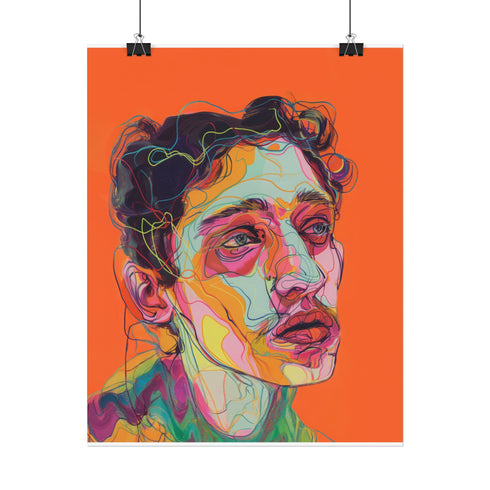 Vibrant digital portrait of a person with angular features against a bright orange background. The face is composed of bold, colorful lines and shapes in various hues including purple, yellow, pink, and teal. The subject has tousled dark hair and a contemplative expression, with prominent eyes and lips. The style is reminiscent of expressive, contemporary digital art.